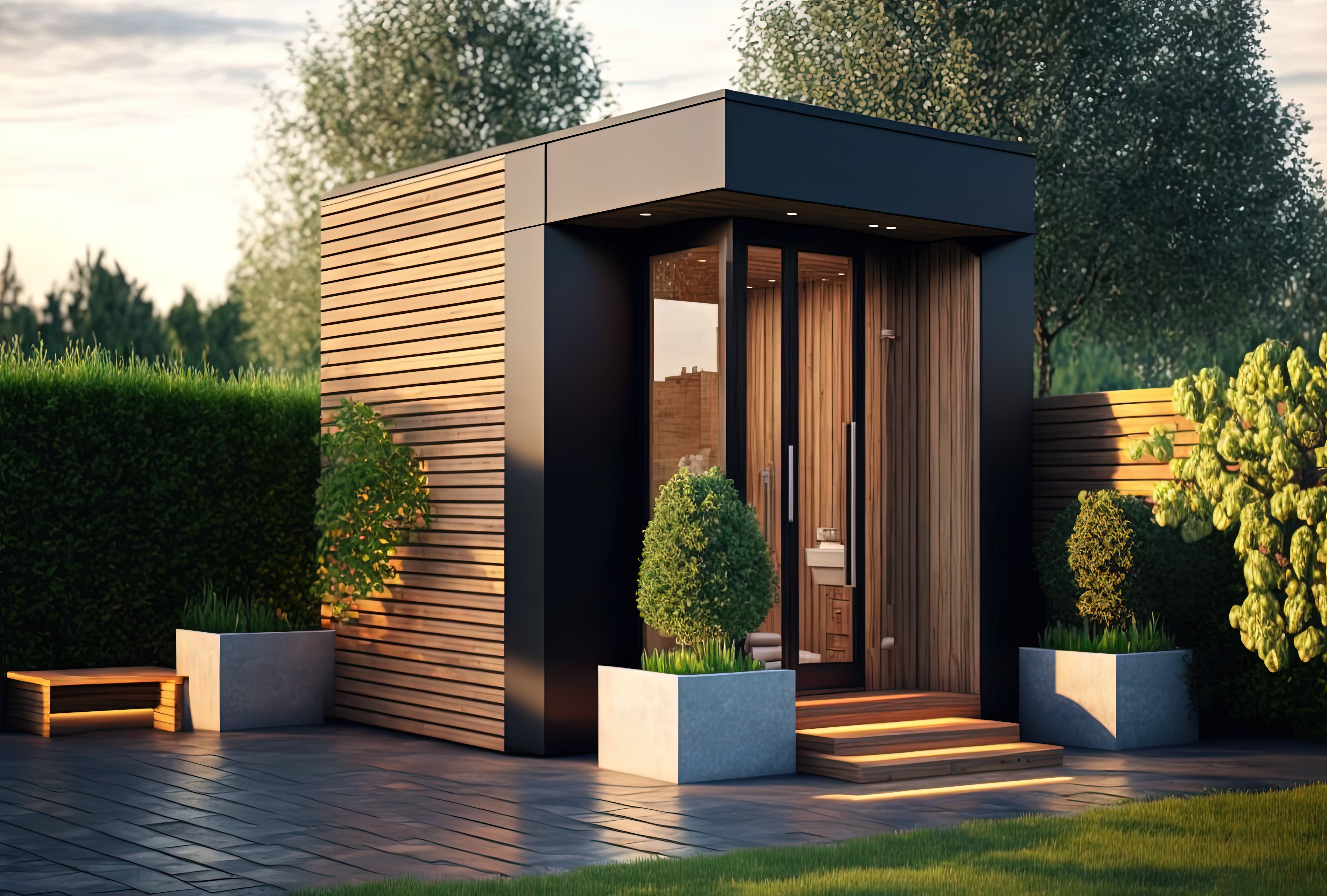 Das Saunahaus im Garten gibt es auch in fast futuristischem Design. Foto © QuietWord stock adobe